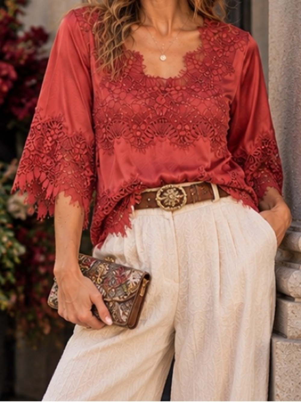 Anthropologie Moulinette Souers Coral Red Pink Lace Satin V Neck 3/4 Sleeve Top